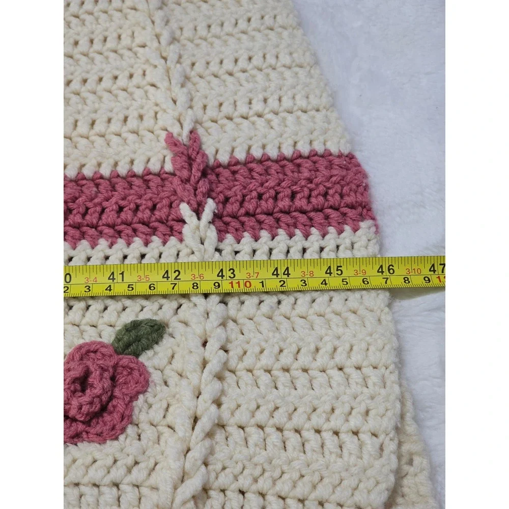 Vintage Handmade Crochet Rose Throw Blanket Cream Pink Floral Fringe Afghan